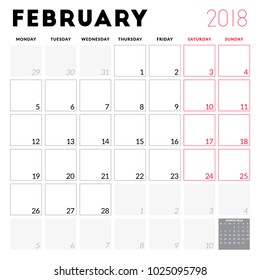 Calendar planner for February 2018. Week starts on Monday. Printable vector design template. Stationery design