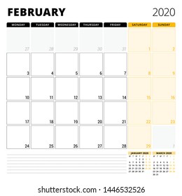 Calendar planner for February 2020. Stationery design template. Week starts on Monday. Vector illustration