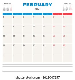Calendar planner for February 2021. Week starts on Monday. Printable vector stationery design template