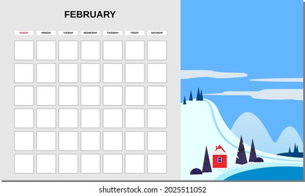 Calendar Planner February month. Minimalistic landscape natural backgrounds Winter. Monthly template for diary business. Vector isolated