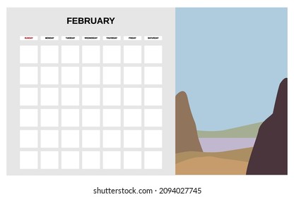 Calendar Planner February winter month. Minimal abstract contemporary landscape natural background. Monthly template for diary business. Vector isolated