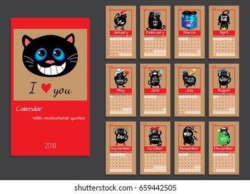 Calendar planner with funny cats for 2018 year. Vector design template with motivational quotes. Set of 12 months. 
