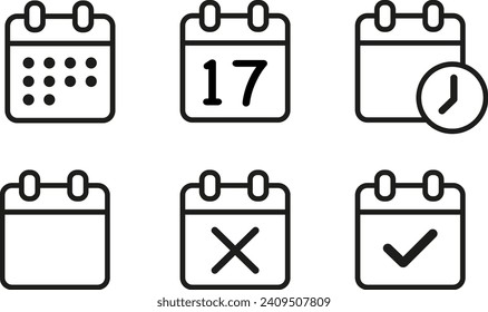 Colección de iconos del planificador de calendarios. Recordatorio de los signos de los eventos del organizador. Elementos aislados del vector. Símbolo vector de calendario. Gestión de vectores de stock.Tiempo.