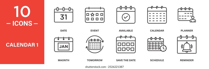 Calendar and Planner Icon Set: 10 Line Icons Including Date, Event, Reminder, and Save the Date