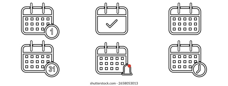 Symbolsatz für Kalender-Planer. Kalendersymbolsammlung. Adressspeicherort-Symbol. Stoppuhr-Zeitgeber-Symbole. Symbol für Datumskalender - Websymbole festgelegt. Kalendersymbole für App, Website, ui eps 10
