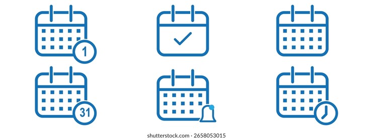 Symbolsatz für Kalender-Planer. Kalendersymbolsammlung. Adressspeicherort-Symbol. Stoppuhr-Zeitgeber-Symbole. Symbol für Datumskalender - Websymbole festgelegt. Kalendersymbole für App, Website, ui eps 10