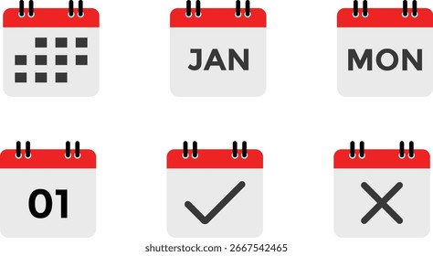 Symbolsatz für Kalender-Planer. Entwurf einer Kalendervorlage. Planer-Seitenvorlagen mit Kalender. Konzept des Zeitmanagements. Kalender mit Häkchen
