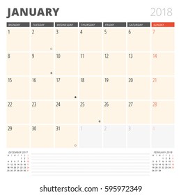 Calendar Planner for January 2018. Design Template. Week Starts on Monday. 3 Months on the Page. Phases of the Moon.
