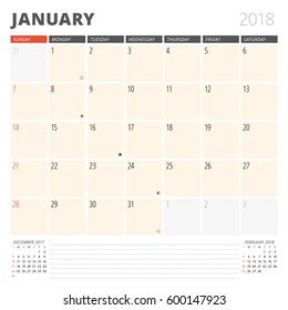 Calendar Planner for January 2018. Design Template. Week Starts on Sunday. 3 Months on the Page