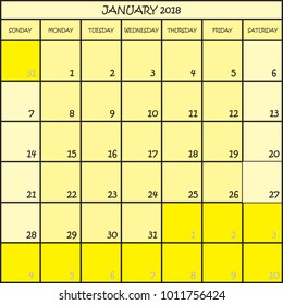 CALENDAR PLANNER JANUARY 2018 ON THREE SHADES OF YELLOW COLOR BACKGROUND 