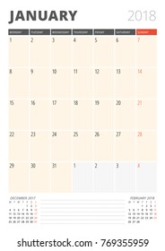 Calendar Planner for January 2018. Print Design Template. Week Starts on Monday. Vector Illustration. Stationery Design