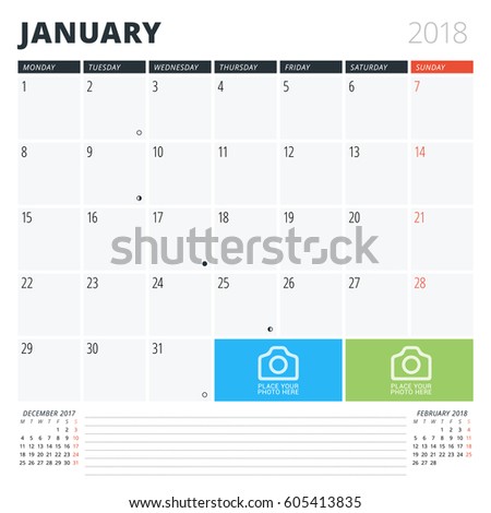 Calendar Planner January 2018 Print Design Stock Vector Royalty
