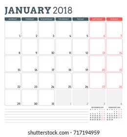 Calendar planner for January 2018. Week starts on Monday. Printable vector design template. Stationery design