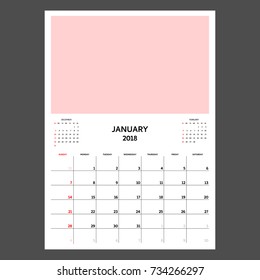 Calendar Planner for January 2018. Week starts on Sunday. Template with place for photo.