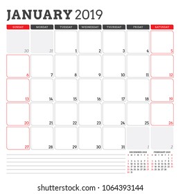 Calendar planner for January 2019. Week starts on Sunday. Printable vector stationery design template
