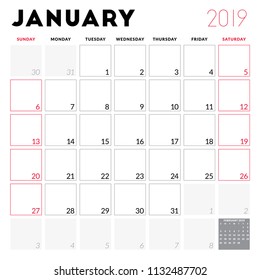 Calendar planner for January 2019. Week starts on Sunday. Printable vector stationery design template