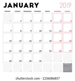 Calendar planner for January 2019. Week starts on Monday. Printable vector stationery design template