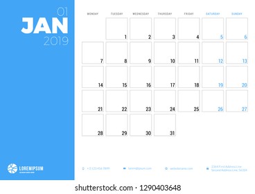 Calendar planner for January 2019. Week starts on Monday. Printable vector stationery design template