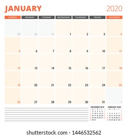 Calendar planner for January 2020. Stationery design template. Week starts on Sunday. Vector illustration