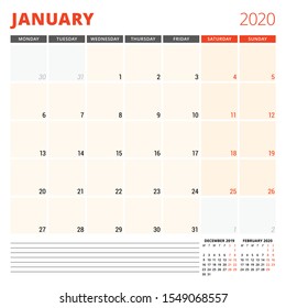 Calendar planner for January 2020. Stationery design template. Week starts on Monday. Vector illustration