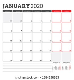Calendar planner for January 2020. Week starts on Monday. Printable vector stationery design template