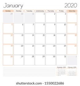 Calendar planner for January 2020. Week starts on Sunday. Vector illustration