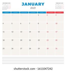Calendar planner for January 2021. Week starts on Monday. Printable vector stationery design template