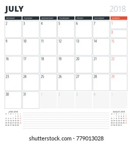 Calendar Planner for July 2018. Design Template. Week Starts on Monday. 3 Months on the Page