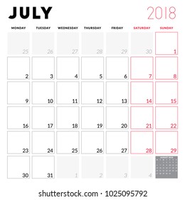 Calendar planner for July 2018. Week starts on Monday. Printable vector design template. Stationery design