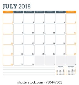 Calendar planner for July 2018. Week starts on Sunday. Printable vector design template. Stationery design