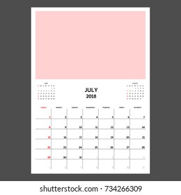 Calendar Planner for July 2018. Week starts on Sunday. Template with place for photo.