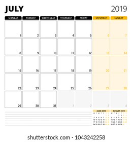 Calendar planner for July 2019. Stationery design template. Week starts on Monday. 3 months on the page. Vector illustration