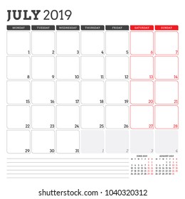 Calendar planner for July 2019. Week starts on Monday. Printable vector stationery design template