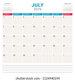 Calendar planner for July 2019. Week starts on Sunday. Printable vector stationery design template