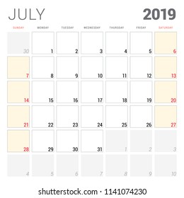 Calendar planner for July 2019. Week starts on Sunday. Printable vector stationery design template