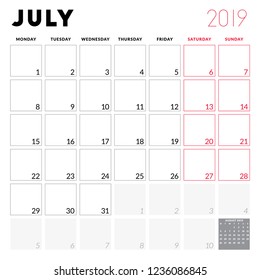 Calendar planner for July 2019. Week starts on Monday. Printable vector stationery design template