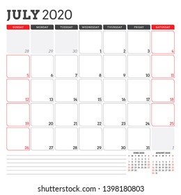 Calendar planner for July 2020. Week starts on Sunday. Printable vector stationery design template