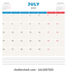 Calendar planner for July 2021. Week starts on Monday. Printable vector stationery design template