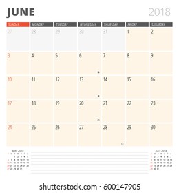 Calendar Planner for June 2018. Design Template. Week Starts on Sunday. 3 Months on the Page
