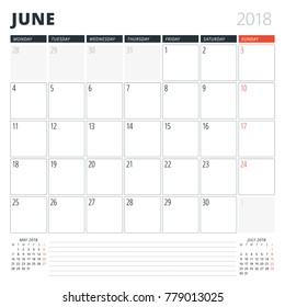 Calendar Planner for June 2018. Design Template. Week Starts on Monday. 3 Months on the Page