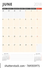 Calendar Planner for June 2018. Print Design Template. Week Starts on Monday. Vector Illustration. Stationery Design