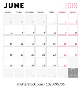 Calendar planner for June 2018. Week starts on Monday. Printable vector design template. Stationery design