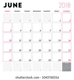 Calendar planner for June 2018. Week starts on Sunday. Printable vector design template. Stationery design