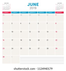 Calendar planner for June 2019. Week starts on Sunday. Printable vector stationery design template