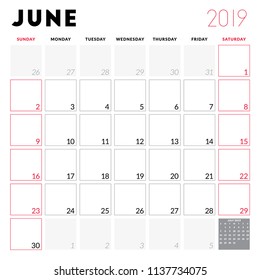 Calendar planner for June 2019. Week starts on Sunday. Printable vector stationery design template