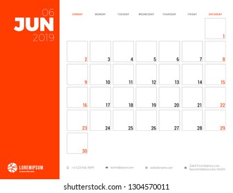 Calendar planner for June 2019. Week starts on Sunday. Printable vector stationery design template