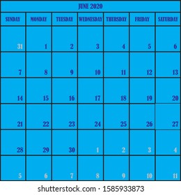 CALENDAR PLANNER JUNE 2020 ON BLUE BACKGROUND