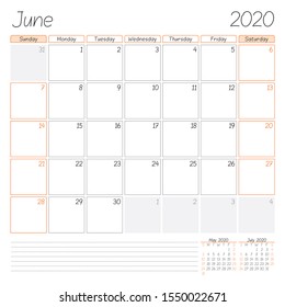 Calendar planner for June 2020. Week starts on Sunday. Vector illustration