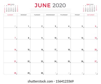 Calendar planner for June 2020. Week starts on Sunday. Printable vector stationery design template
