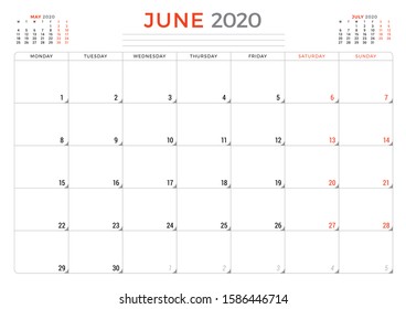 Calendar planner for June 2020. Week starts on Monday. Printable vector stationery design template